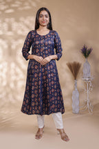 Navy Blue Printed Silk Blend Anarkali Kurta umbrella top