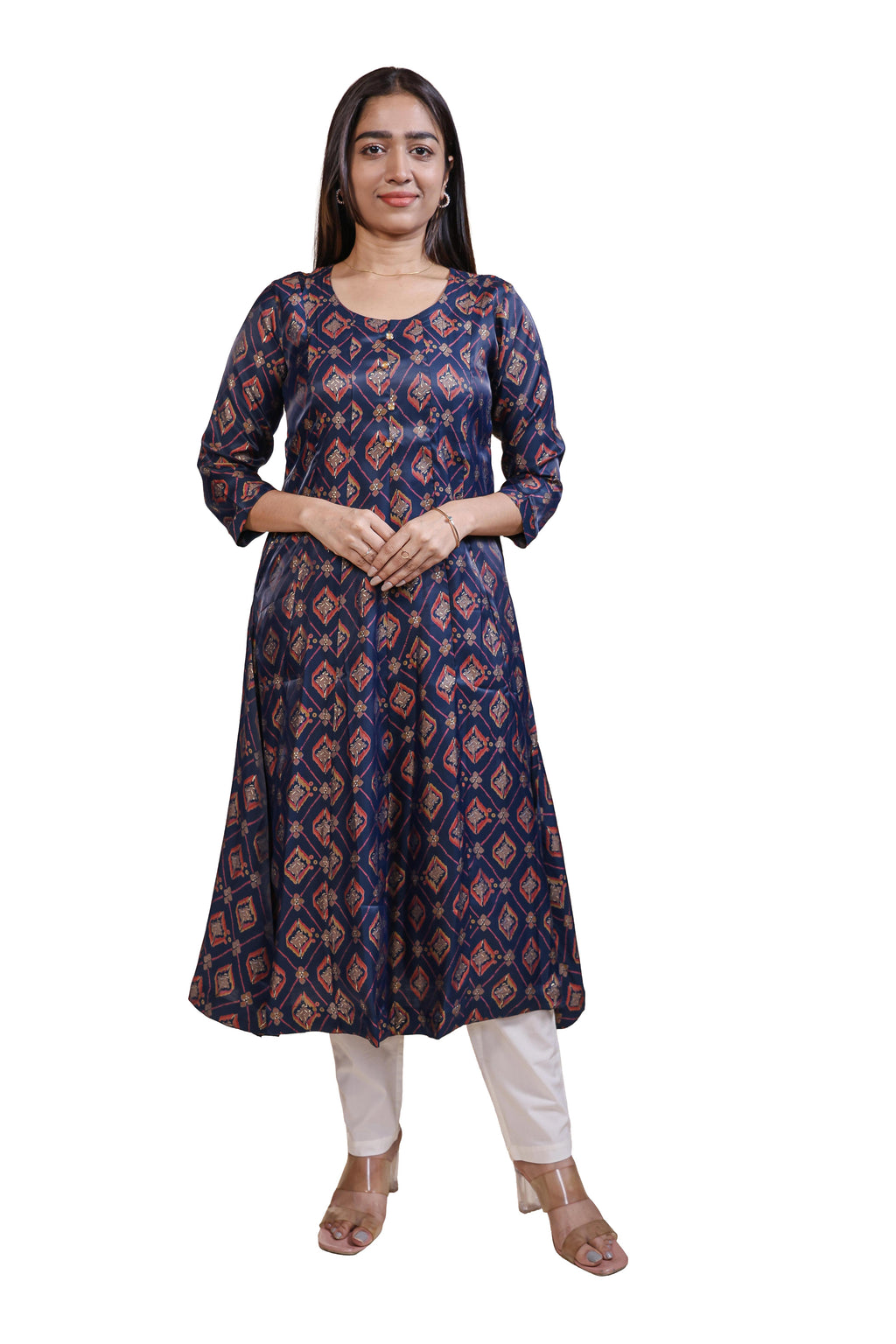 Navy Blue Printed Silk Blend Anarkali Kurta umbrella top