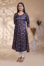 Navy Blue Printed Silk Blend Anarkali Kurta umbrella top