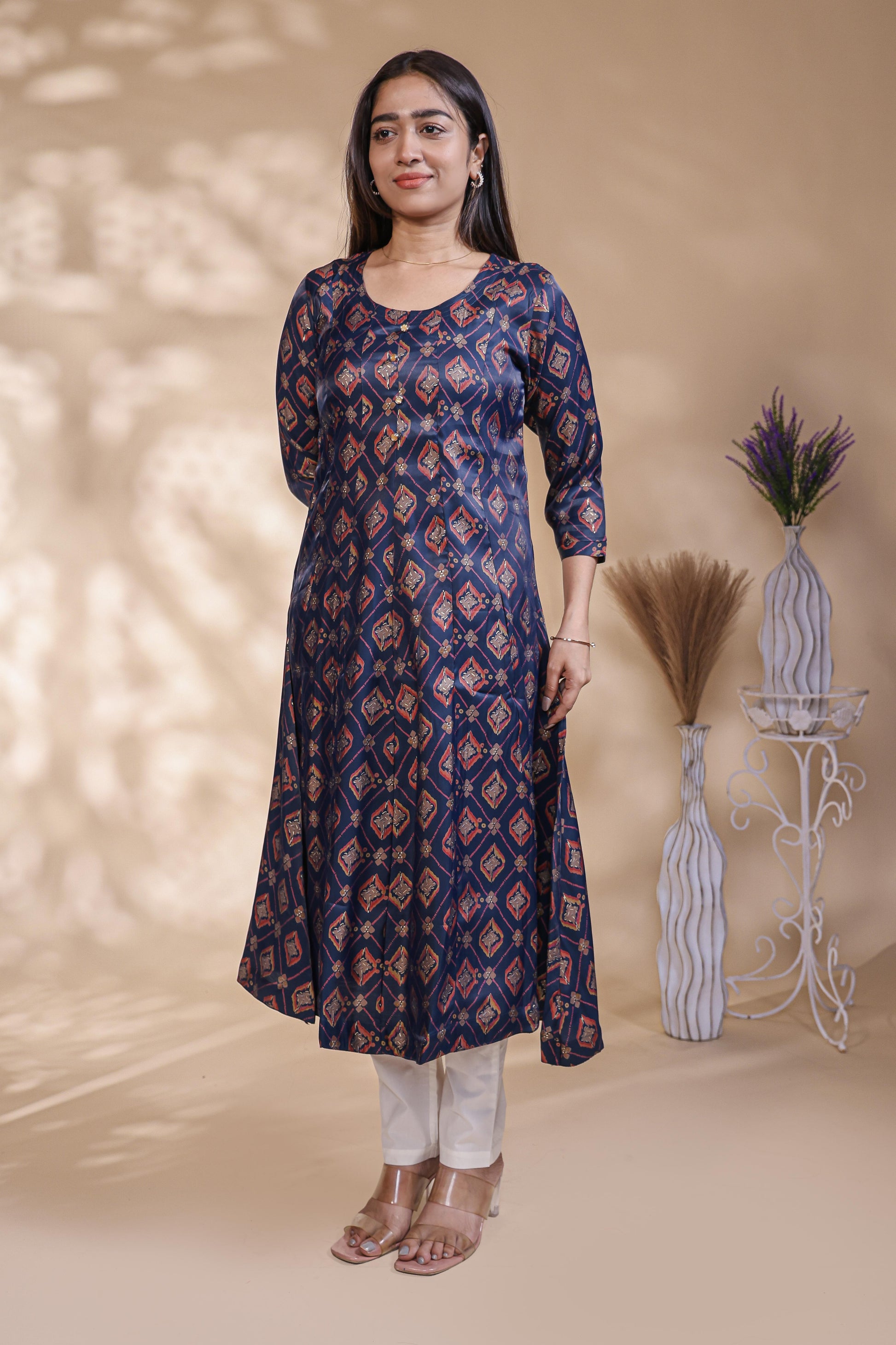 Navy Blue Printed Silk Blend Anarkali Kurta umbrella top