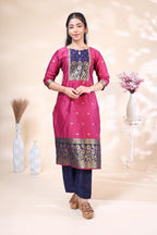 Elegant Magenta & Navy Blue Woven Zyra silk dyed suit Straight Kurta Set with Dupatta