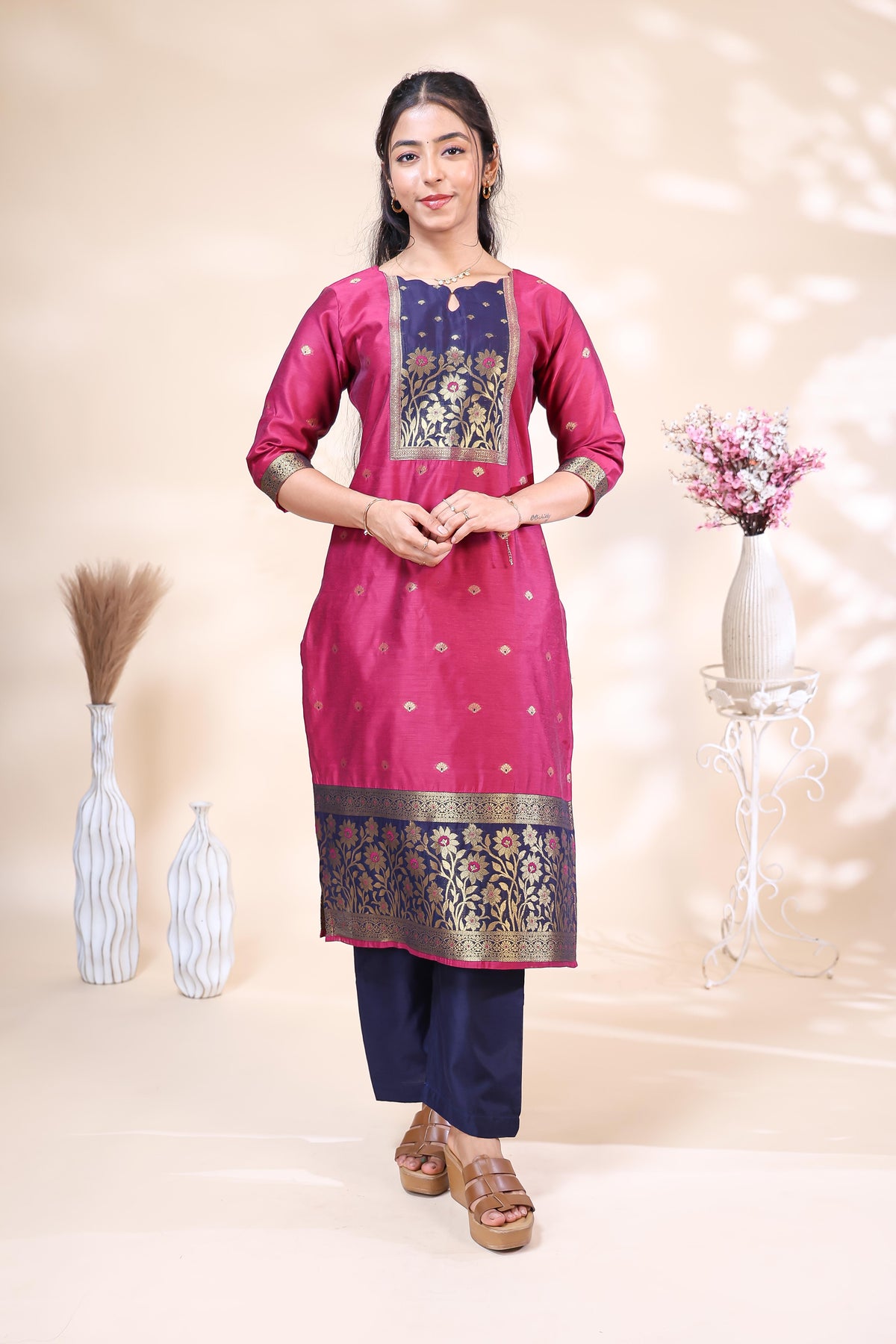Elegant Magenta & Navy Blue Woven Zyra silk dyed suit Straight Kurta Set with Dupatta