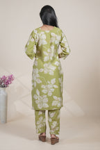 Olive Green Floral Printed Straight Kurta with Matching Pants Set