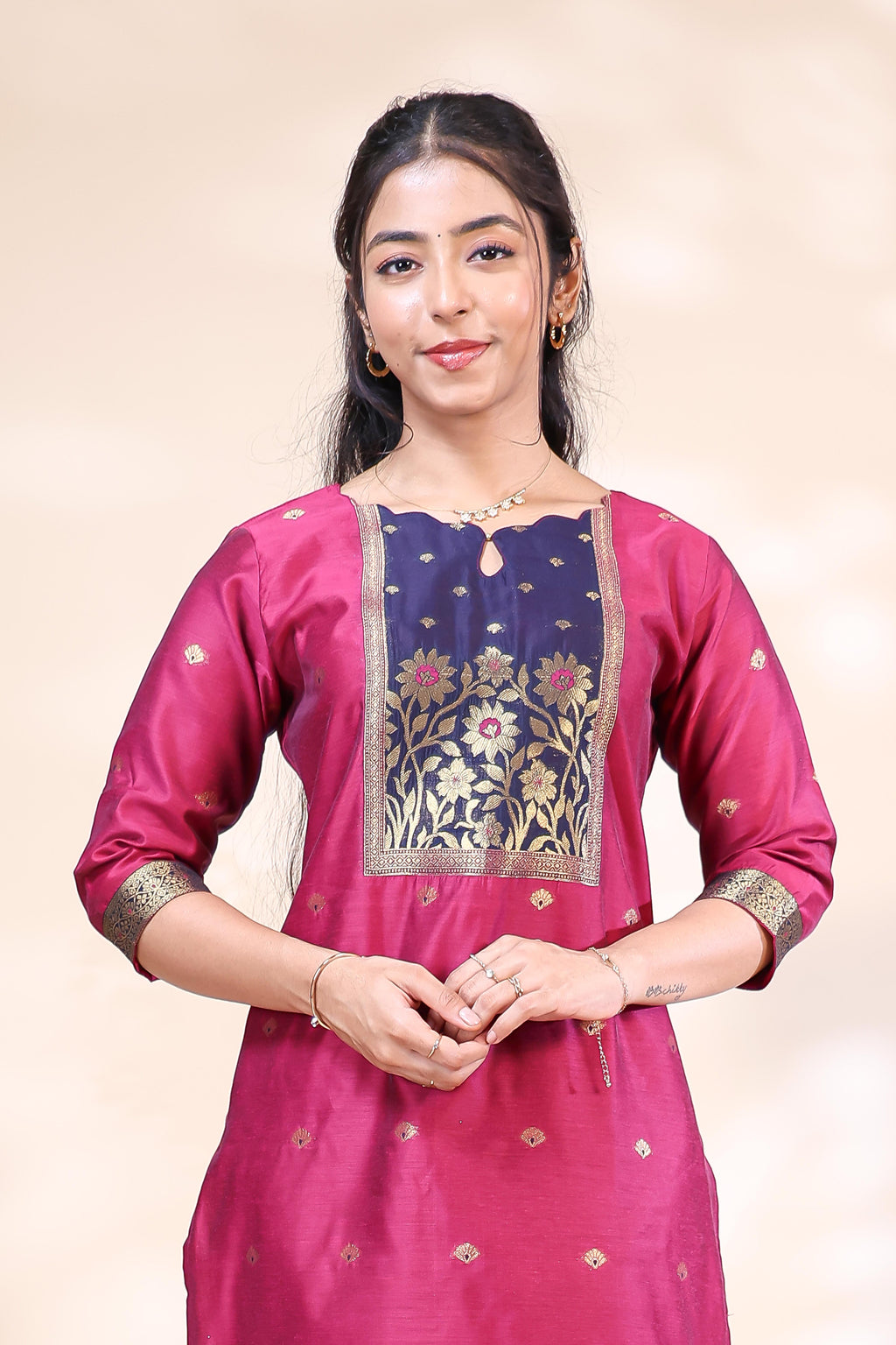 Elegant Magenta & Navy Blue Woven Zyra silk dyed suit Straight Kurta Set with Dupatta
