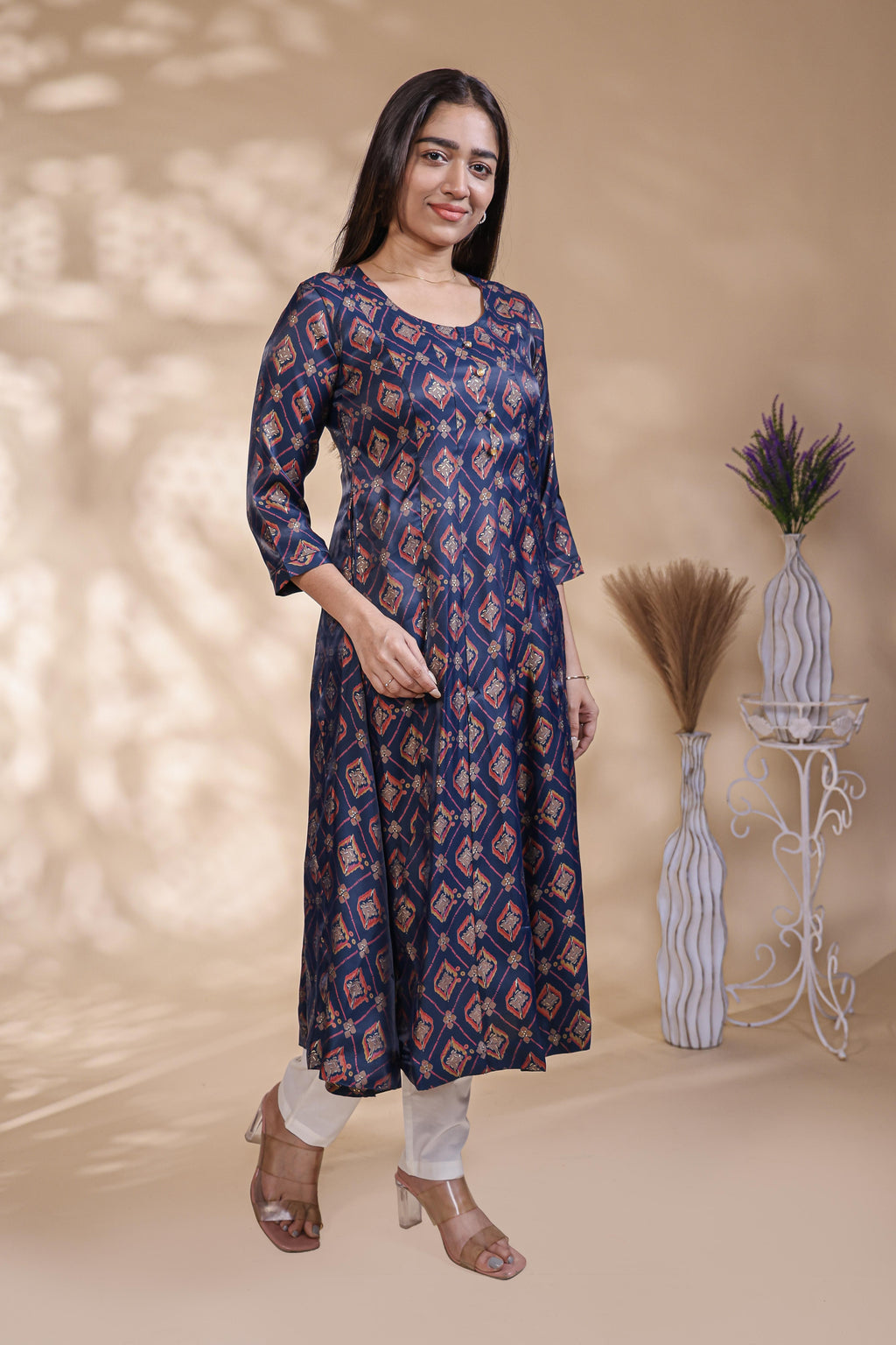 Navy Blue Printed Silk Blend Anarkali Kurta umbrella top