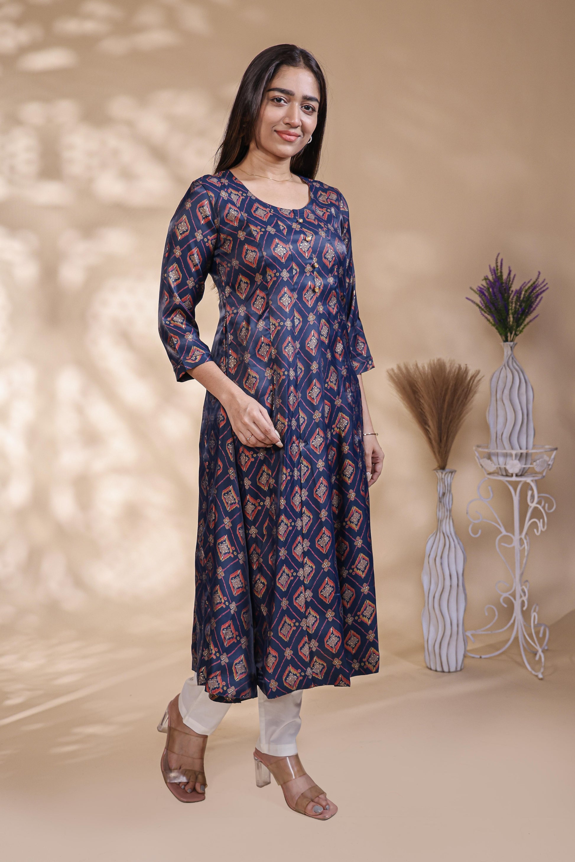 Navy Blue Printed Silk Blend Anarkali Kurta umbrella top