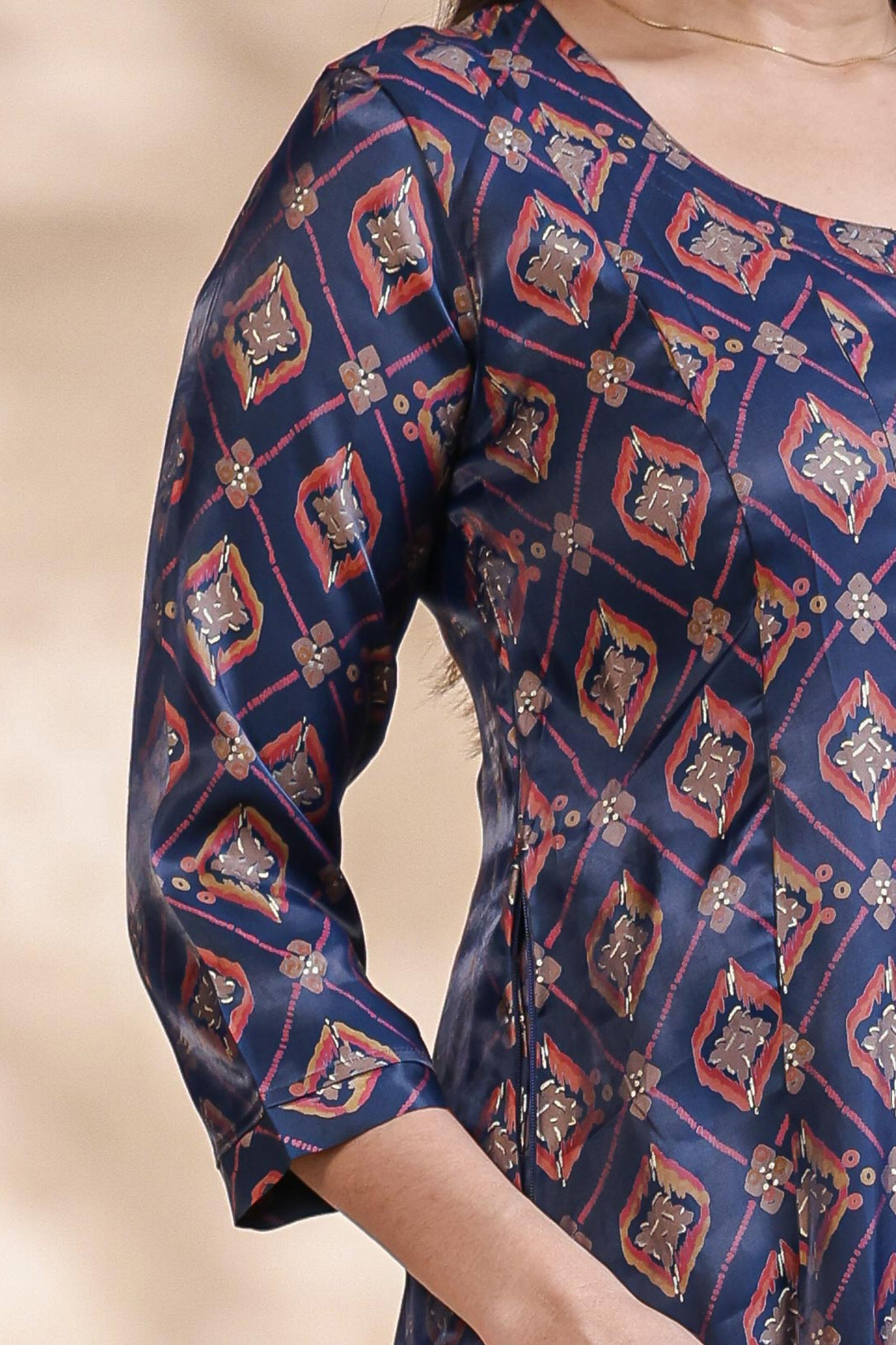 Navy Blue Printed Silk Blend Anarkali Kurta umbrella top