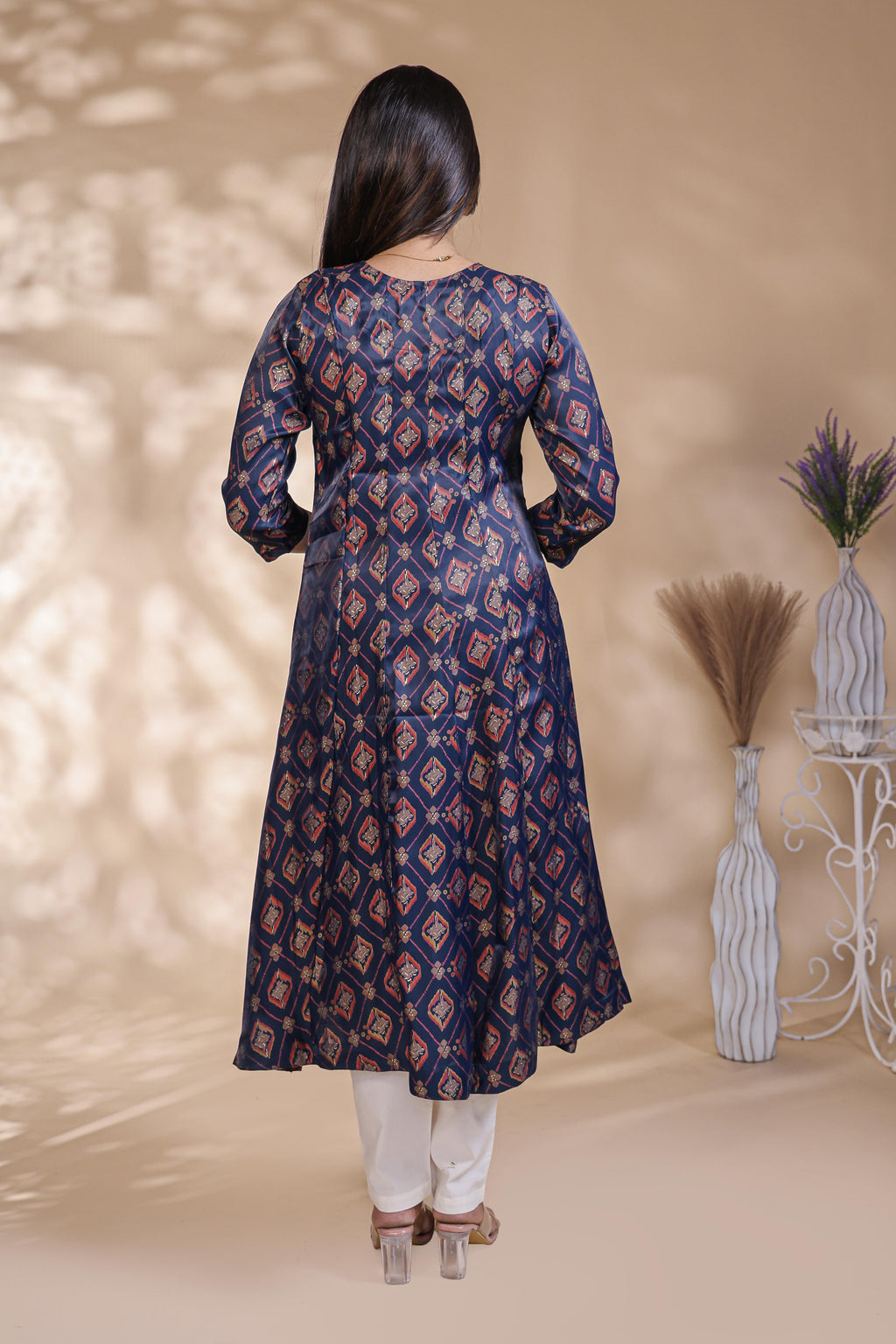 Navy Blue Printed Silk Blend Anarkali Kurta umbrella top