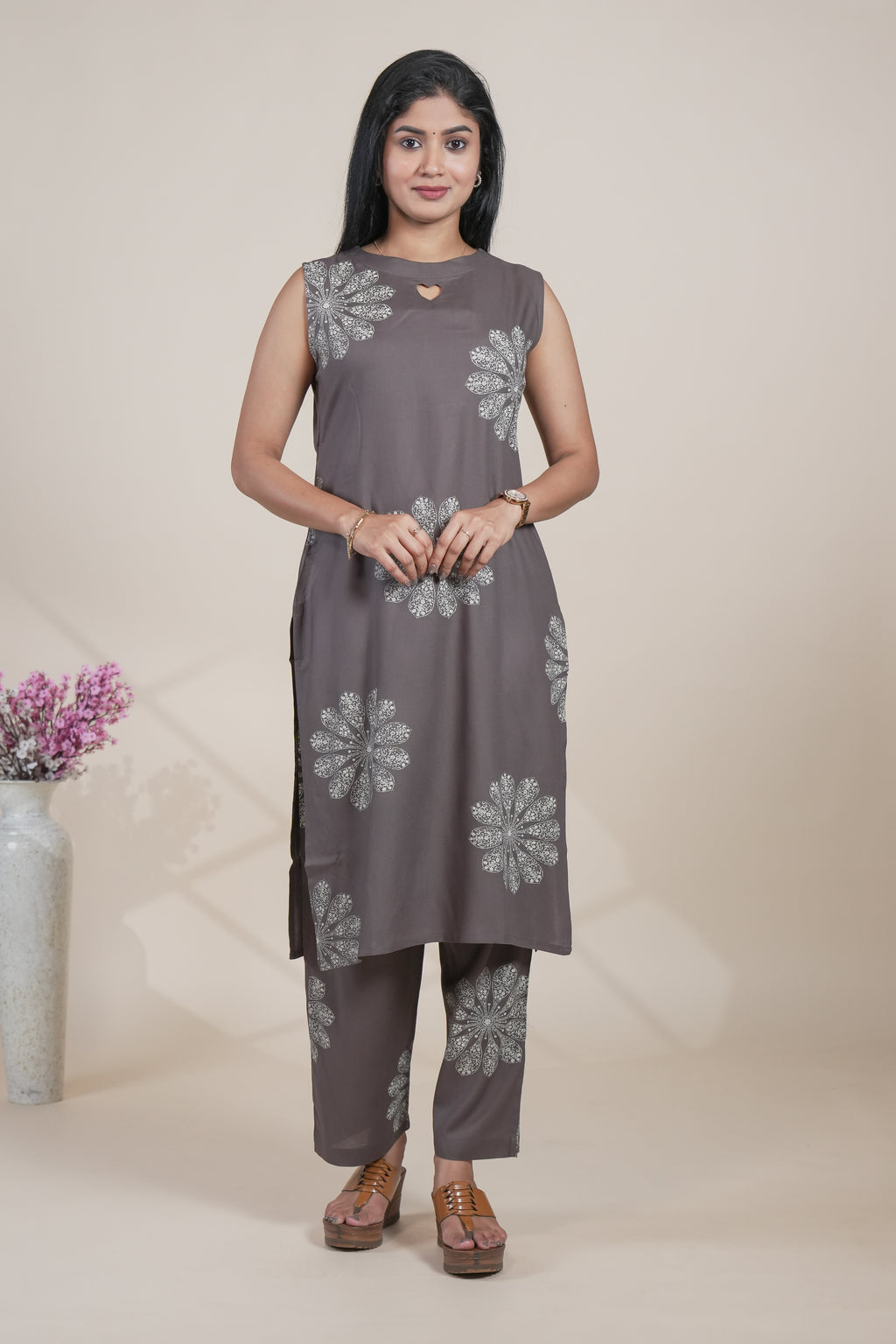 Grey Floral Printed Kurta with Matching Pants Set