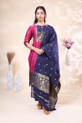 Elegant Magenta & Navy Blue Woven Zyra silk dyed suit Straight Kurta Set with Dupatta