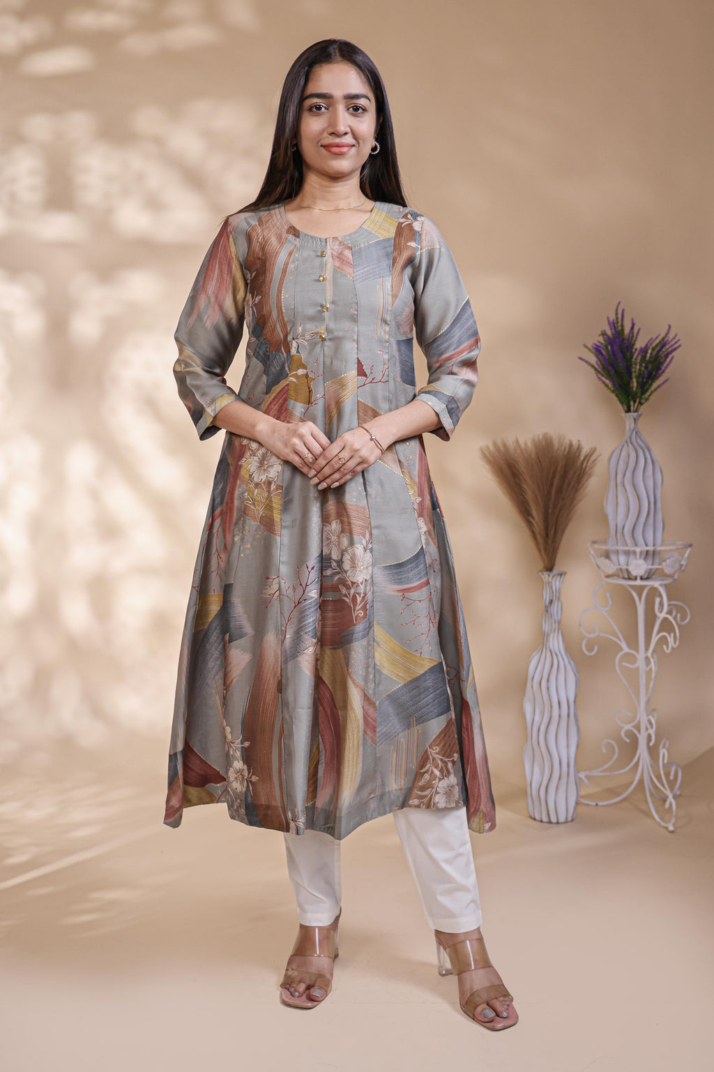 Grey Abstract Printed Silk Blend A-Line Kurta umbrella top