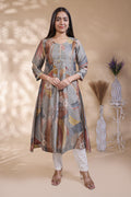 Grey Abstract Printed Silk Blend A-Line Kurta umbrella top
