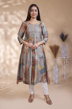 Grey Abstract Printed Silk Blend A-Line Kurta umbrella top
