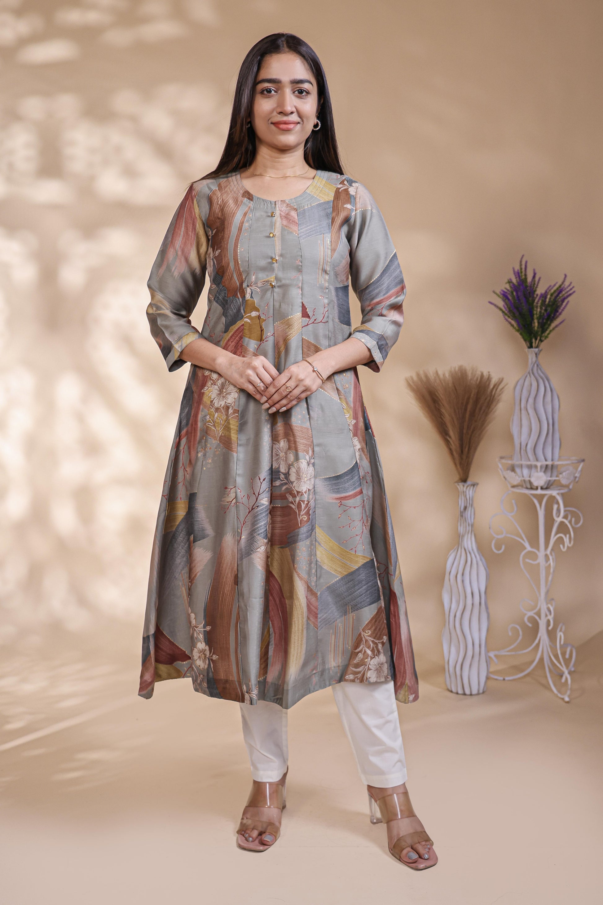 Grey Abstract Printed Silk Blend A-Line Kurta umbrella top