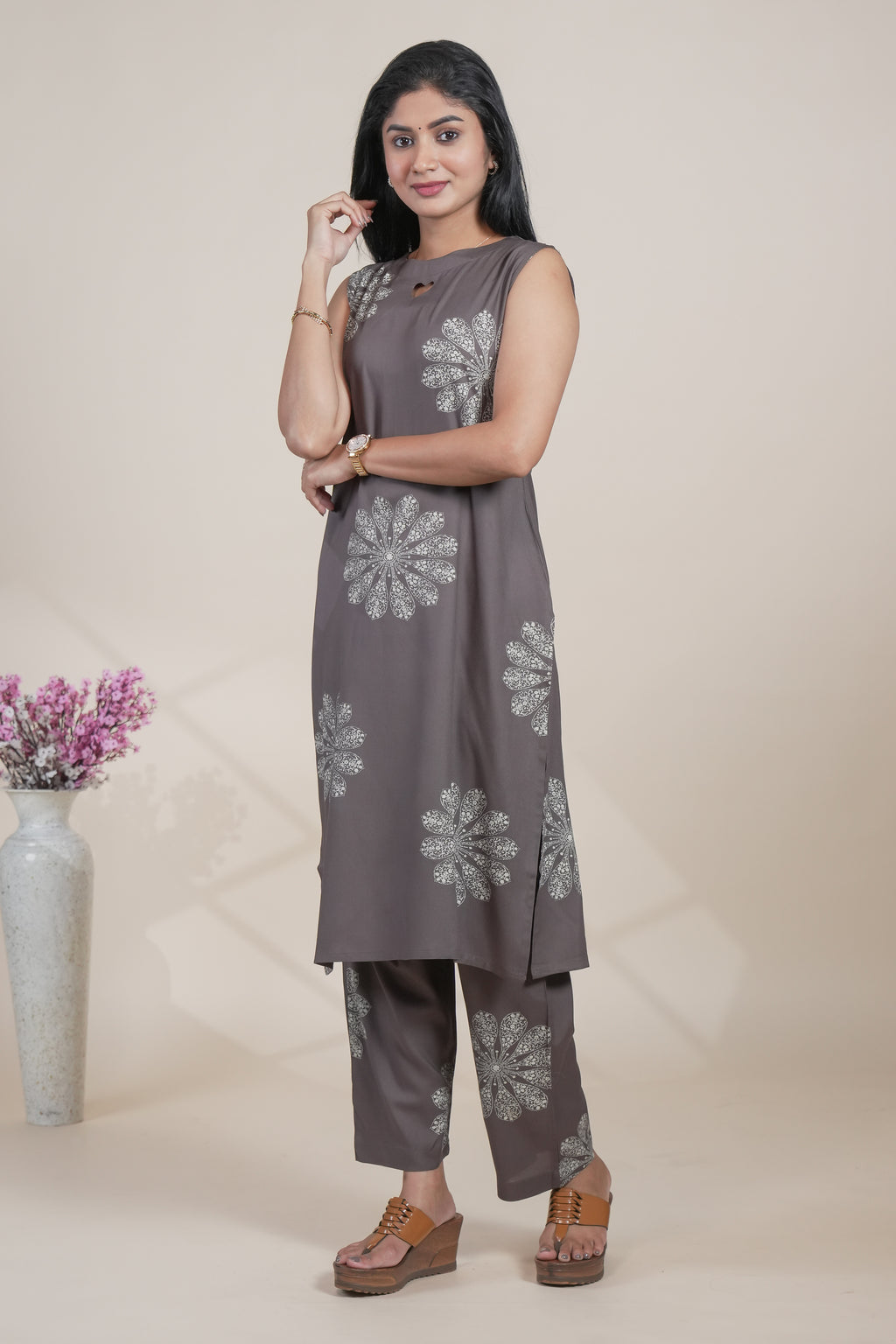 Grey Floral Printed Kurta with Matching Pants Set