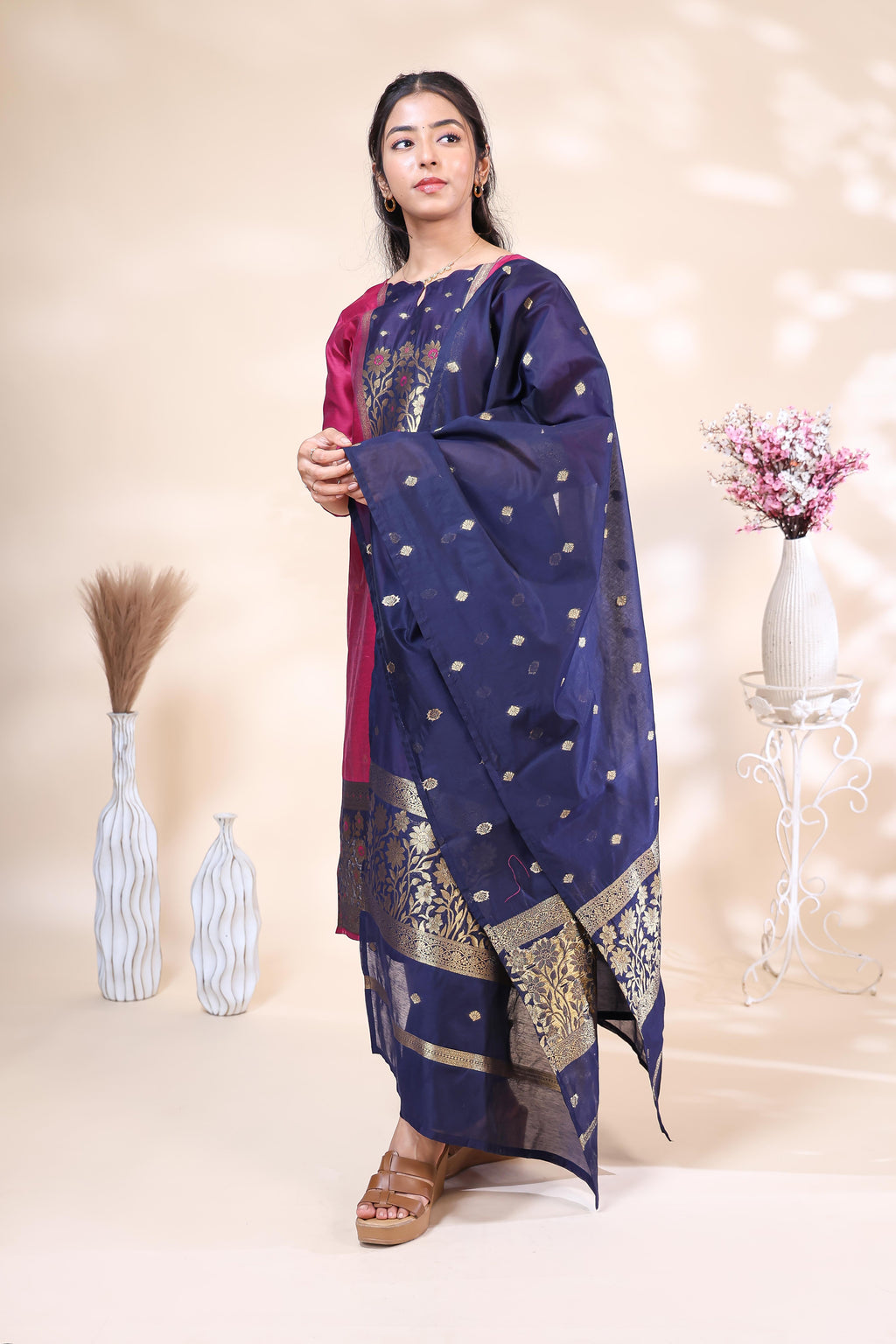 Elegant Magenta & Navy Blue Woven Zyra silk dyed suit Straight Kurta Set with Dupatta