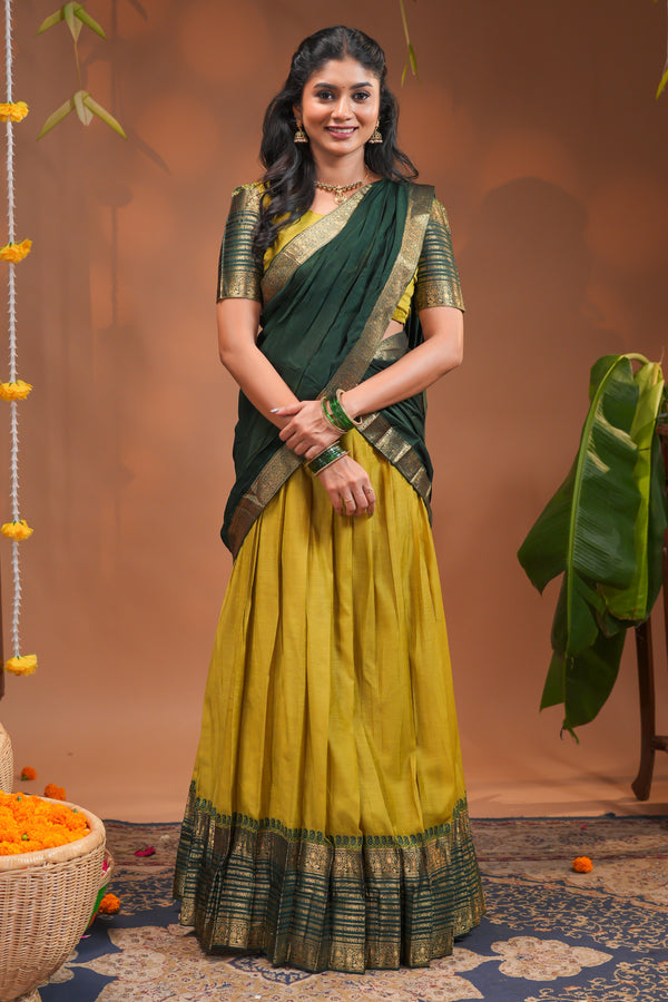 Elegant Bottle Green and Mustard Yellow Traditional Silk Half Saree Set