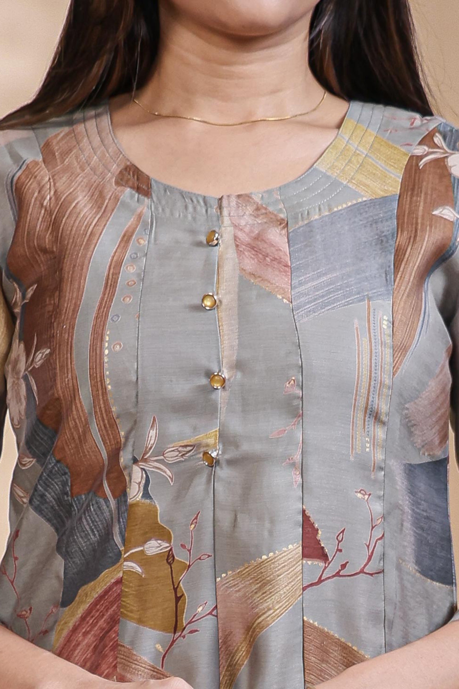 Grey Abstract Printed Silk Blend A-Line Kurta umbrella top