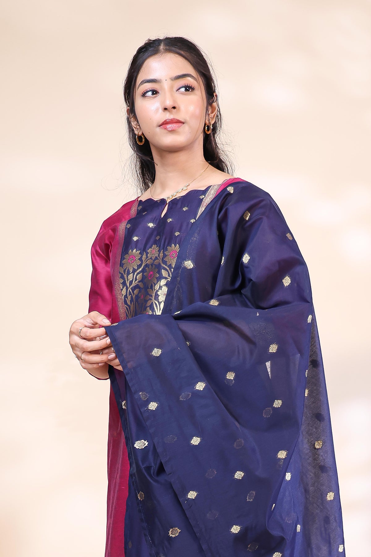 Elegant Magenta & Navy Blue Woven Zyra silk dyed suit Straight Kurta Set with Dupatta