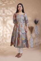 Grey Abstract Printed Silk Blend A-Line Kurta umbrella top