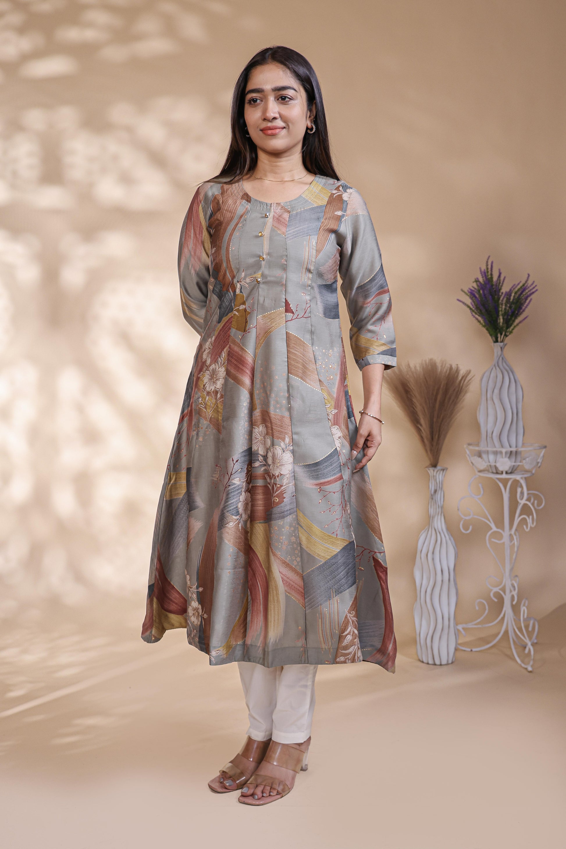 Grey Abstract Printed Silk Blend A-Line Kurta umbrella top
