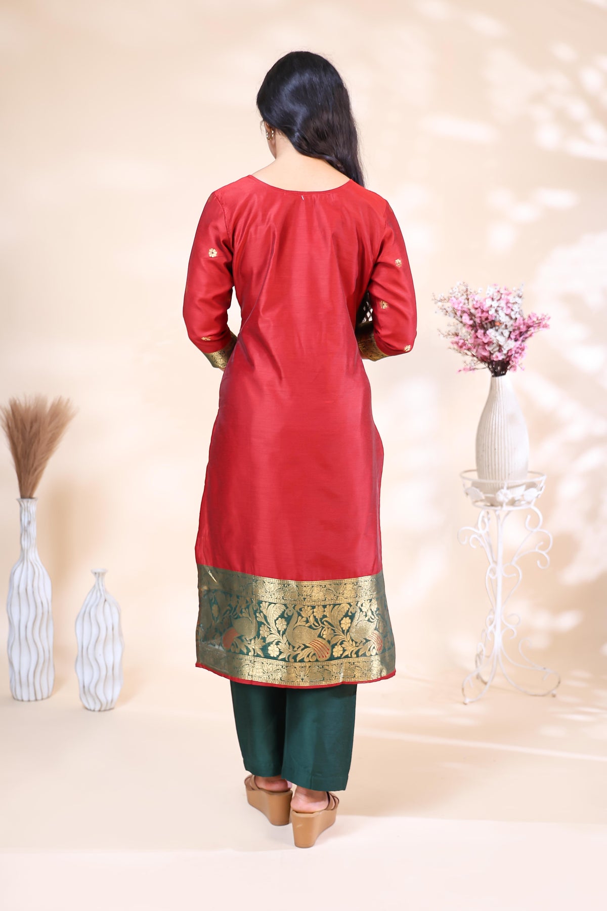Red and Dark Green Banarasi Silk Festive 3 Piece Set with Matching Dupatta