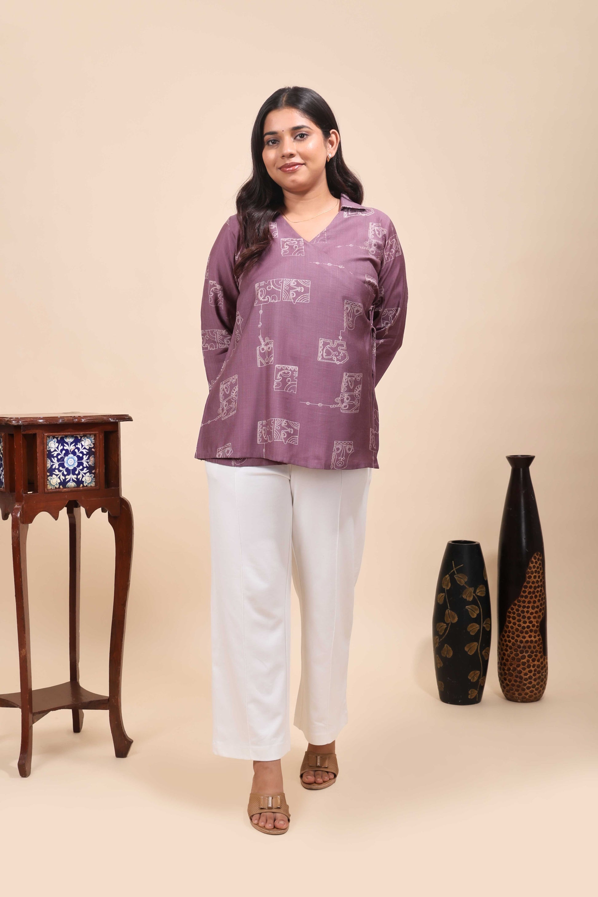 Contemporary Mauve Abstract Face Print Angrakha Style ShortTop