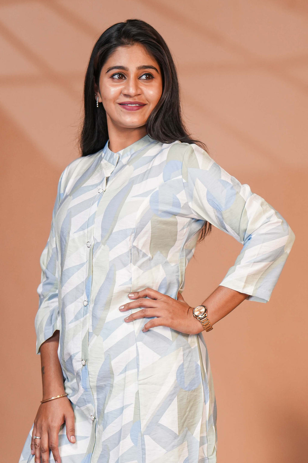 The Set is Anchored By a Longline, Shirt-Style Kurta That Features a Structured