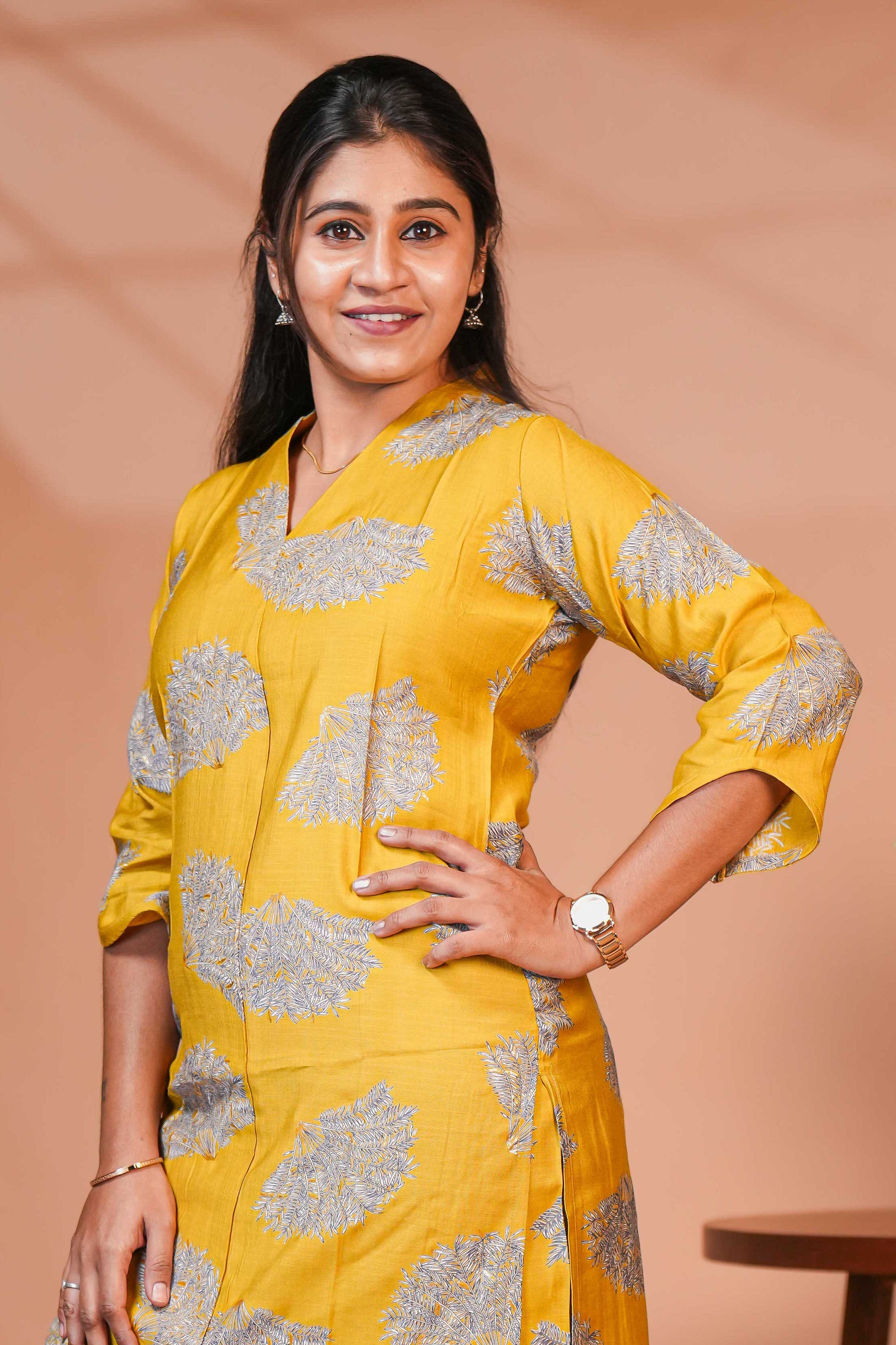 Coordinated Kurta–Pant Set  Color: Mustard Yellow Base With Silver-Grey Floral Block Print  Kurta: