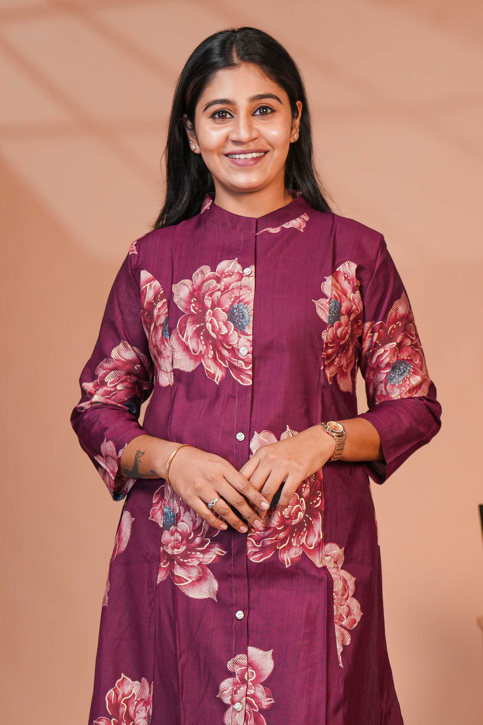 Straight-Cut Kurta With Coordinated Pants Rice wine Deep maroon Purple Floral Print Kurta Set