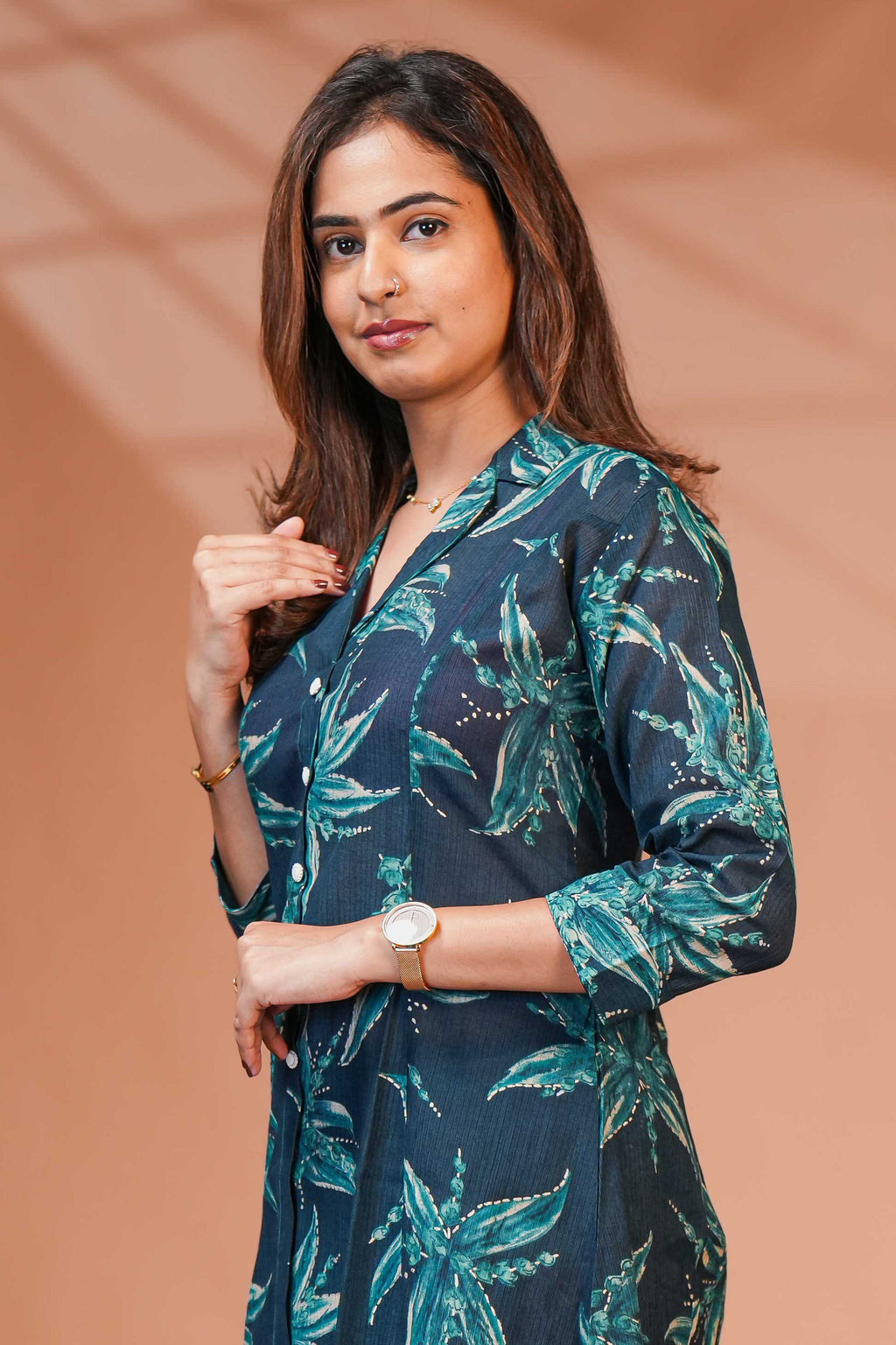 Beige Base With Dark Blue Blossom Design Flower Abstract Print