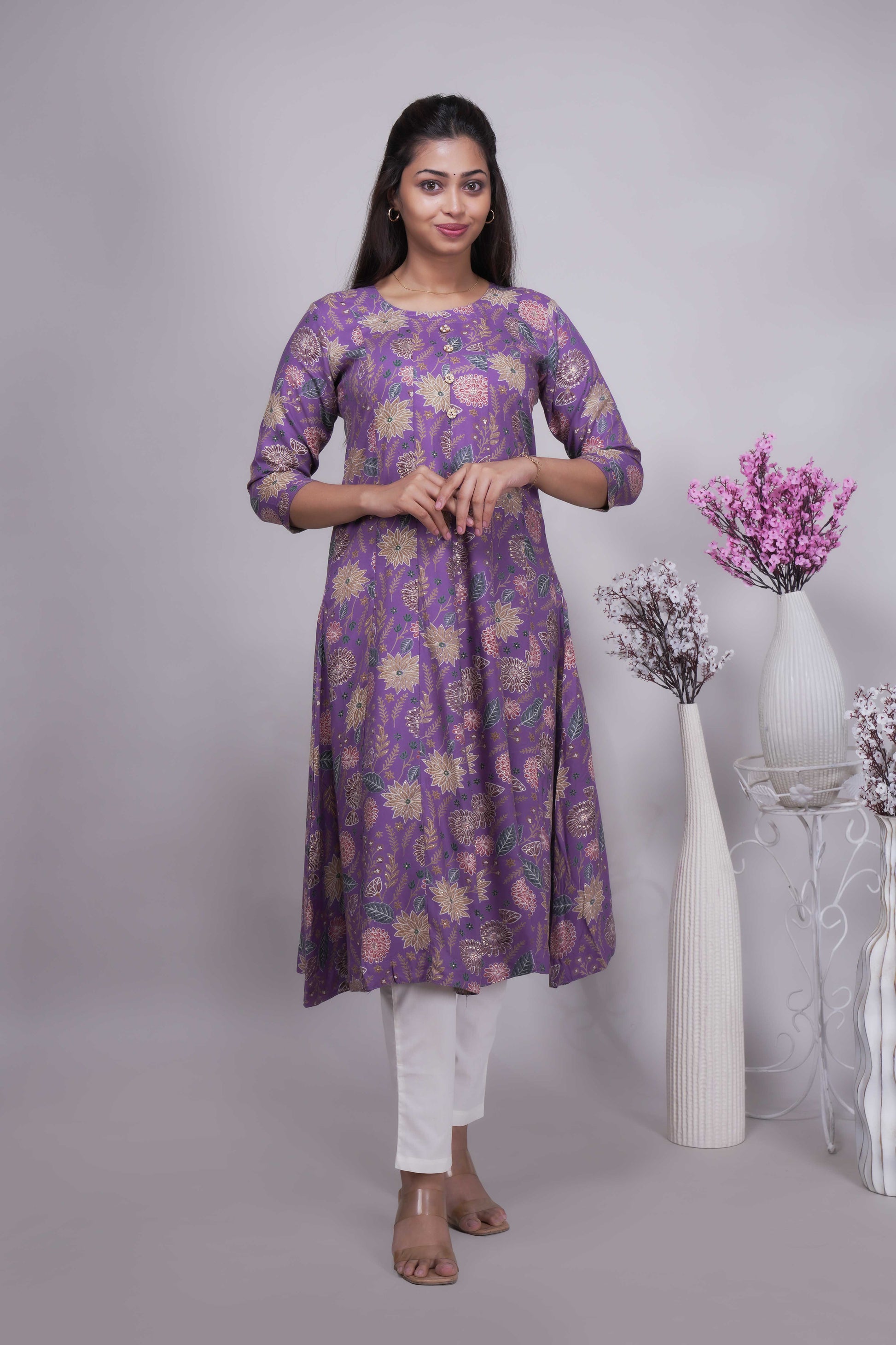 Women's Mauve/Purple Floral Print A-Line Kurta