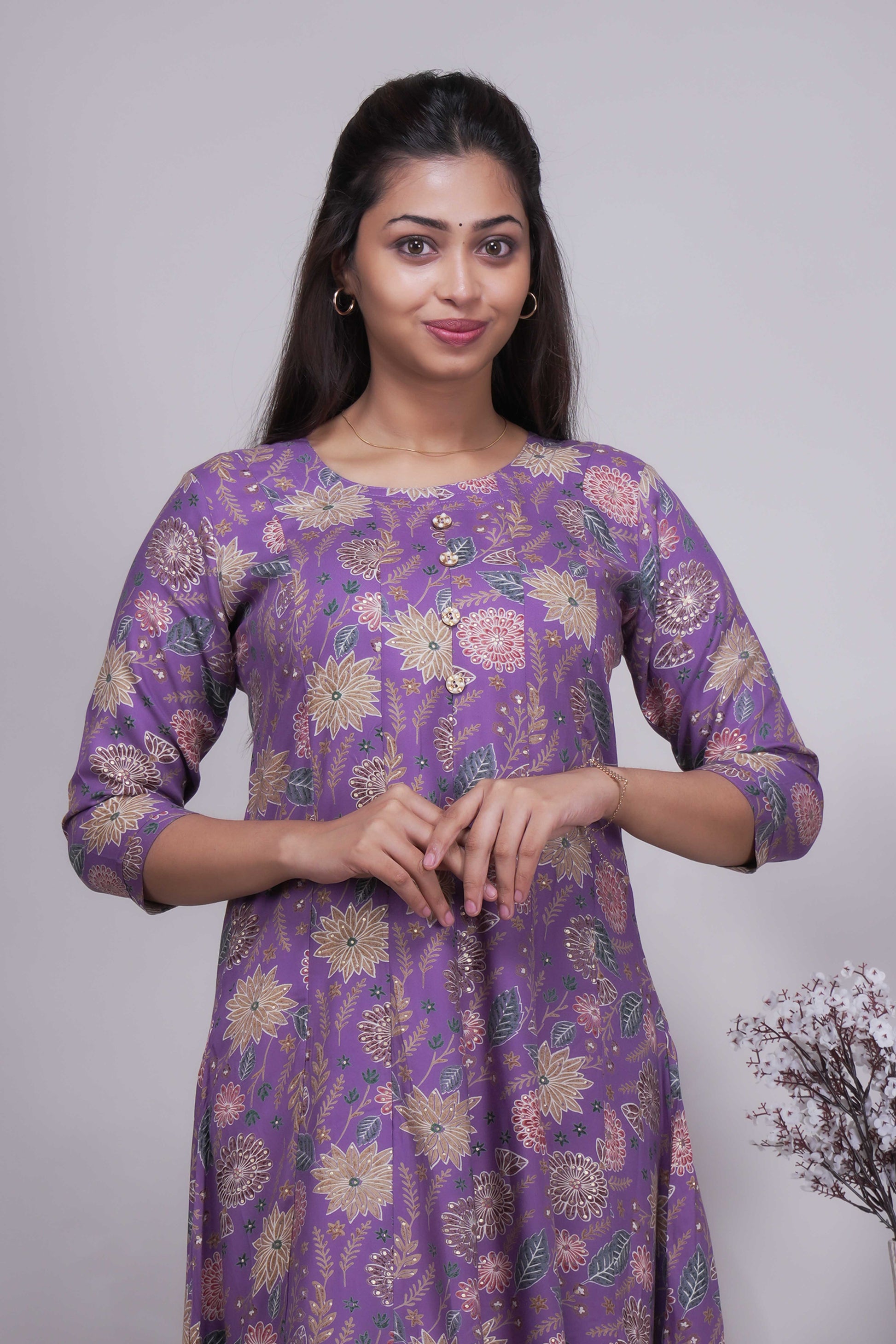 Women's Mauve/Purple Floral Print A-Line Kurta