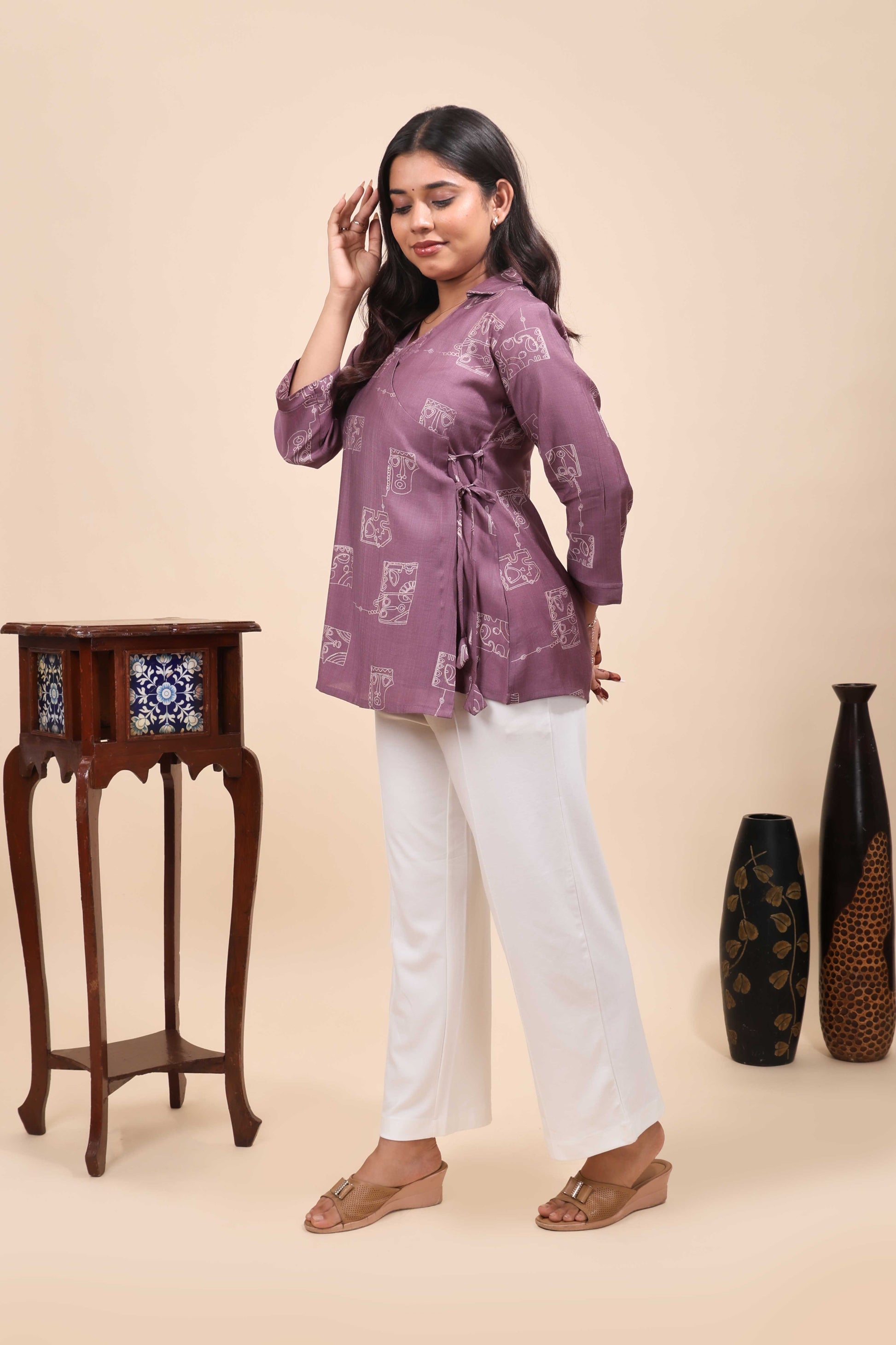 Contemporary Mauve Abstract Face Print Angrakha Style ShortTop