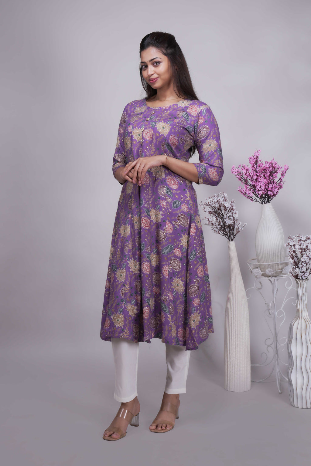 Women's Mauve/Purple Floral Print A-Line Kurta