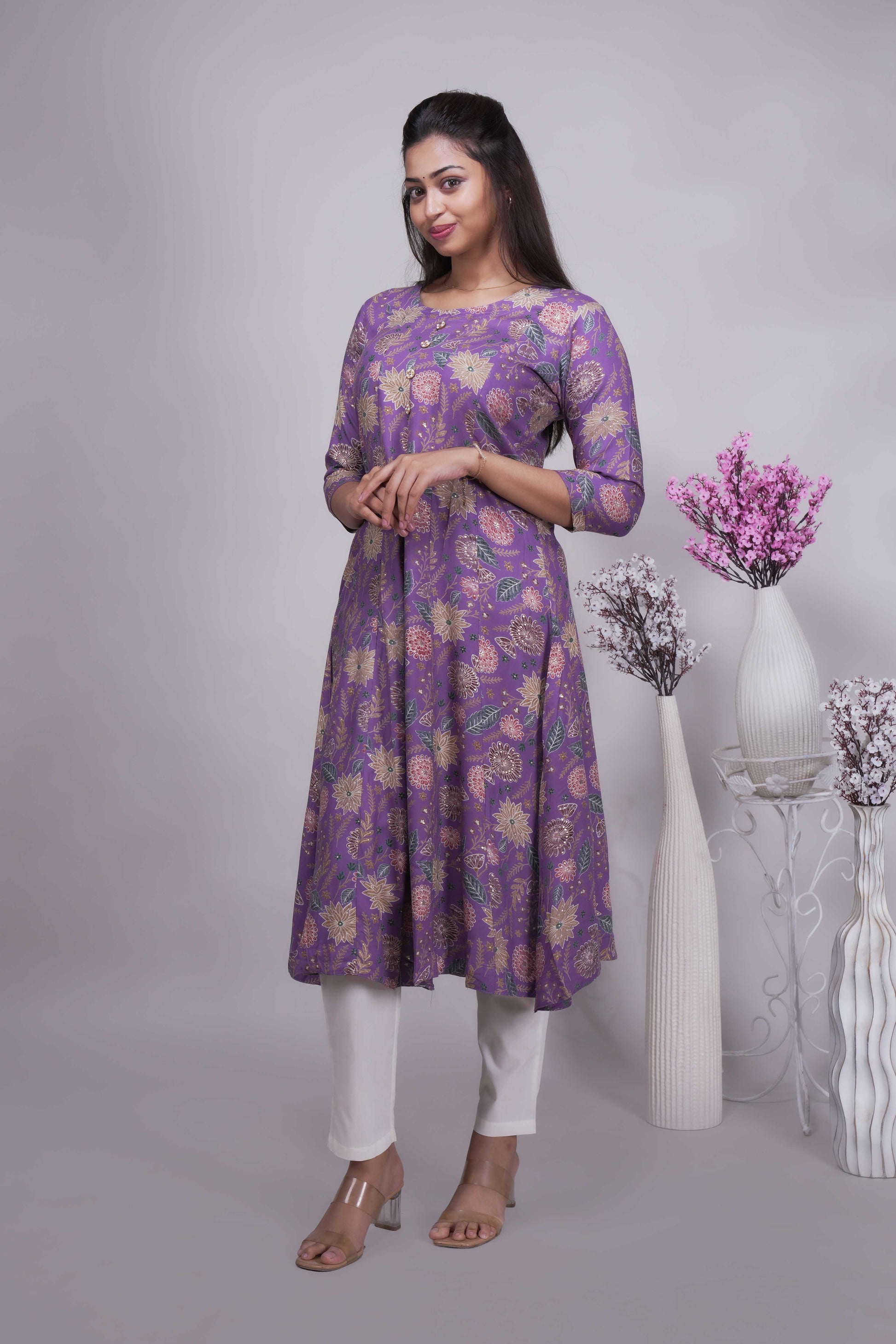 Women's Mauve/Purple Floral Print A-Line Kurta