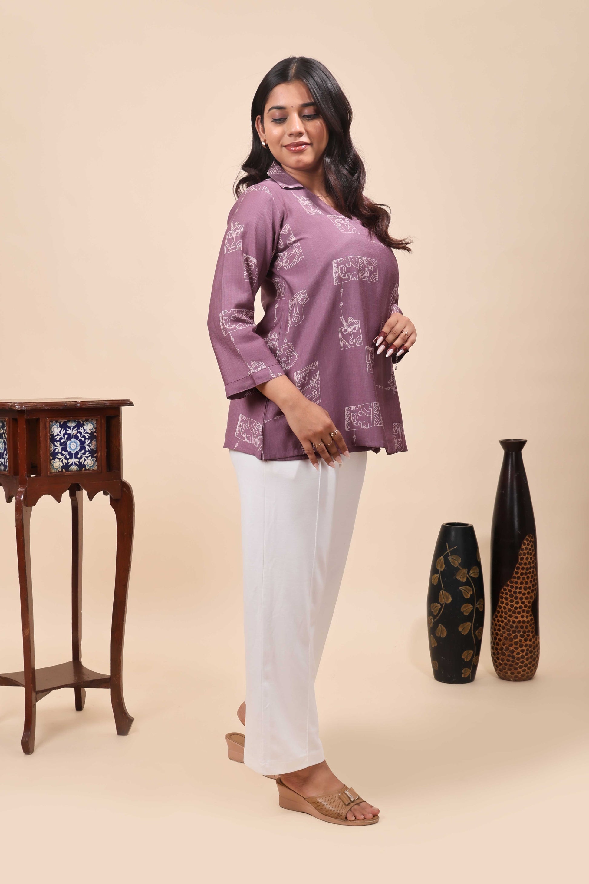 Contemporary Mauve Abstract Face Print Angrakha Style ShortTop