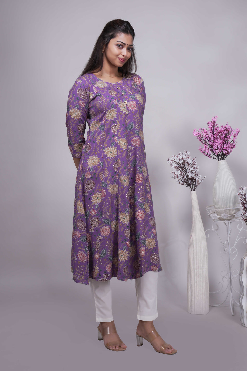 Women's Mauve/Purple Floral Print A-Line Kurta