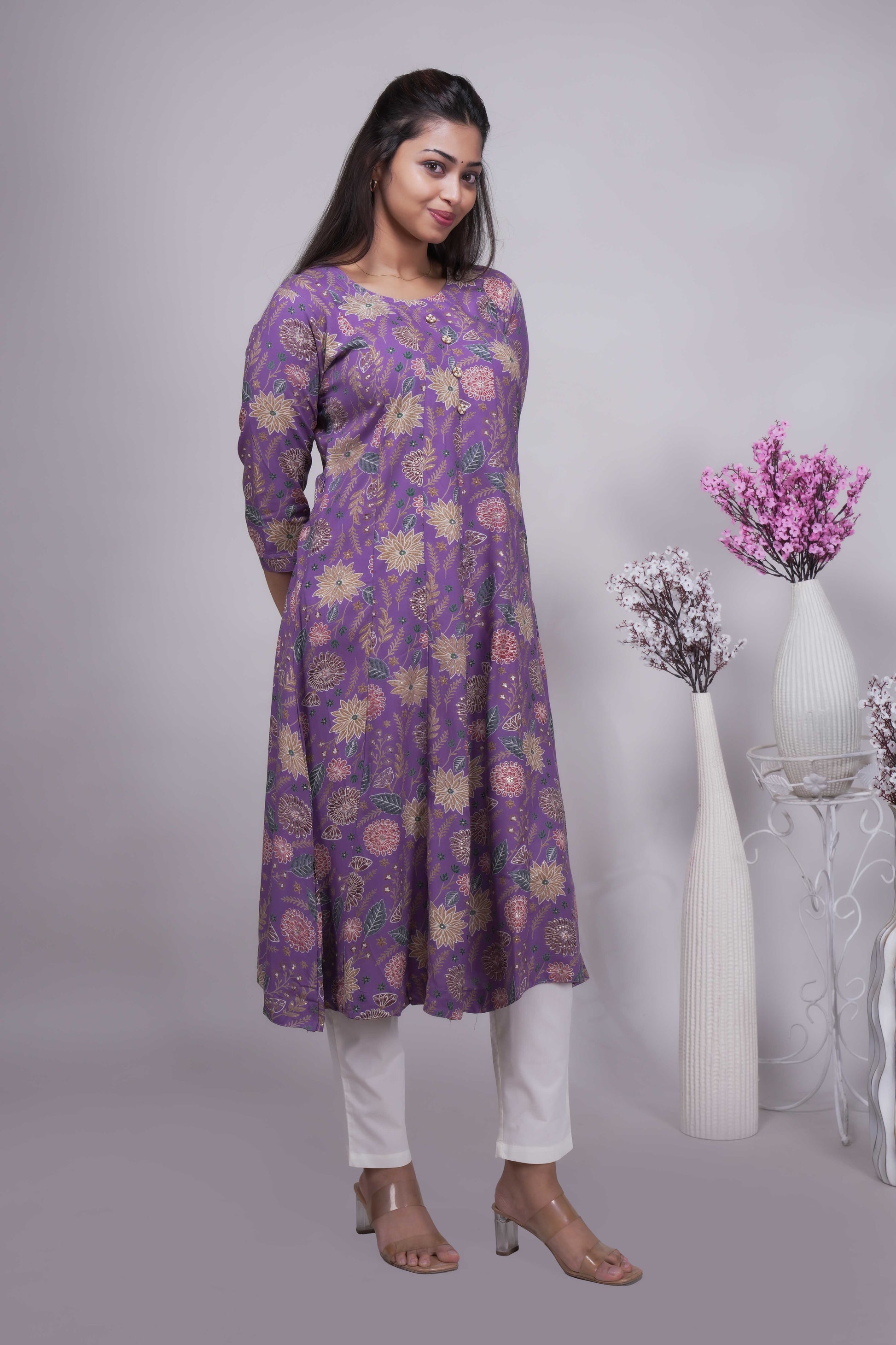 Women's Mauve/Purple Floral Print A-Line Kurta