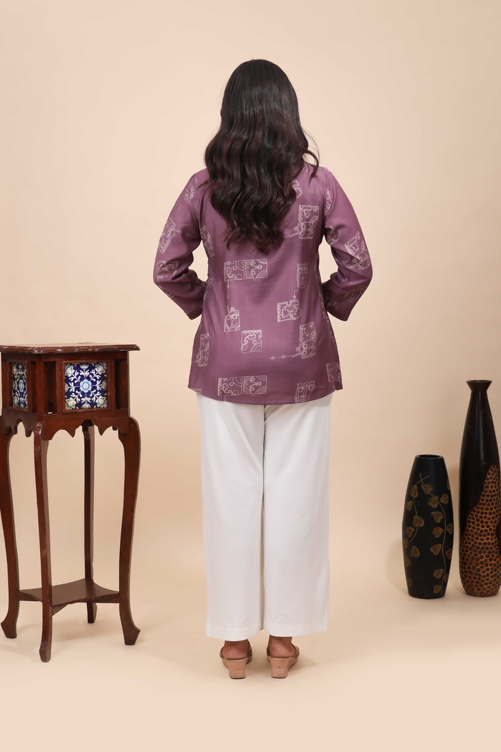 Contemporary Mauve Abstract Face Print Angrakha Style ShortTop