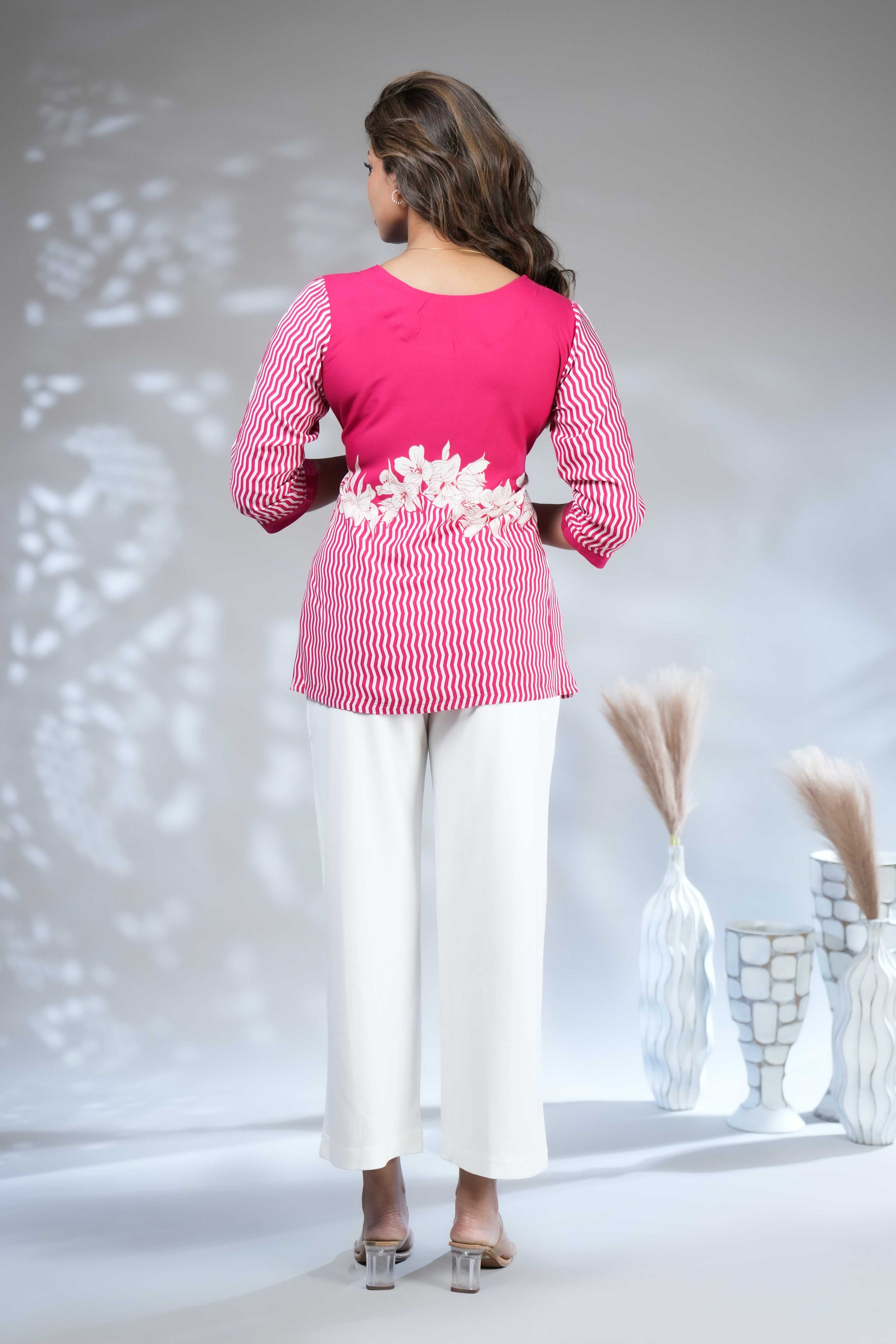 Festive Magenta Printed Tunic with Floral Placement Print