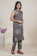 Grey Floral Printed Kurta with Matching Pants Set