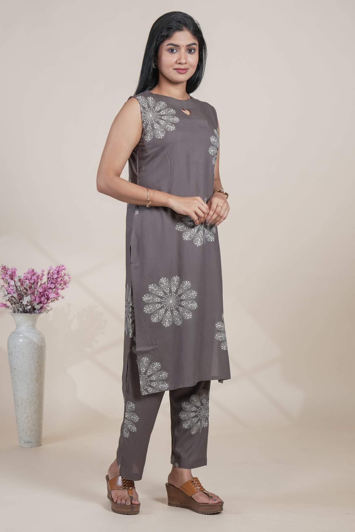 Grey Floral Printed Kurta with Matching Pants Set