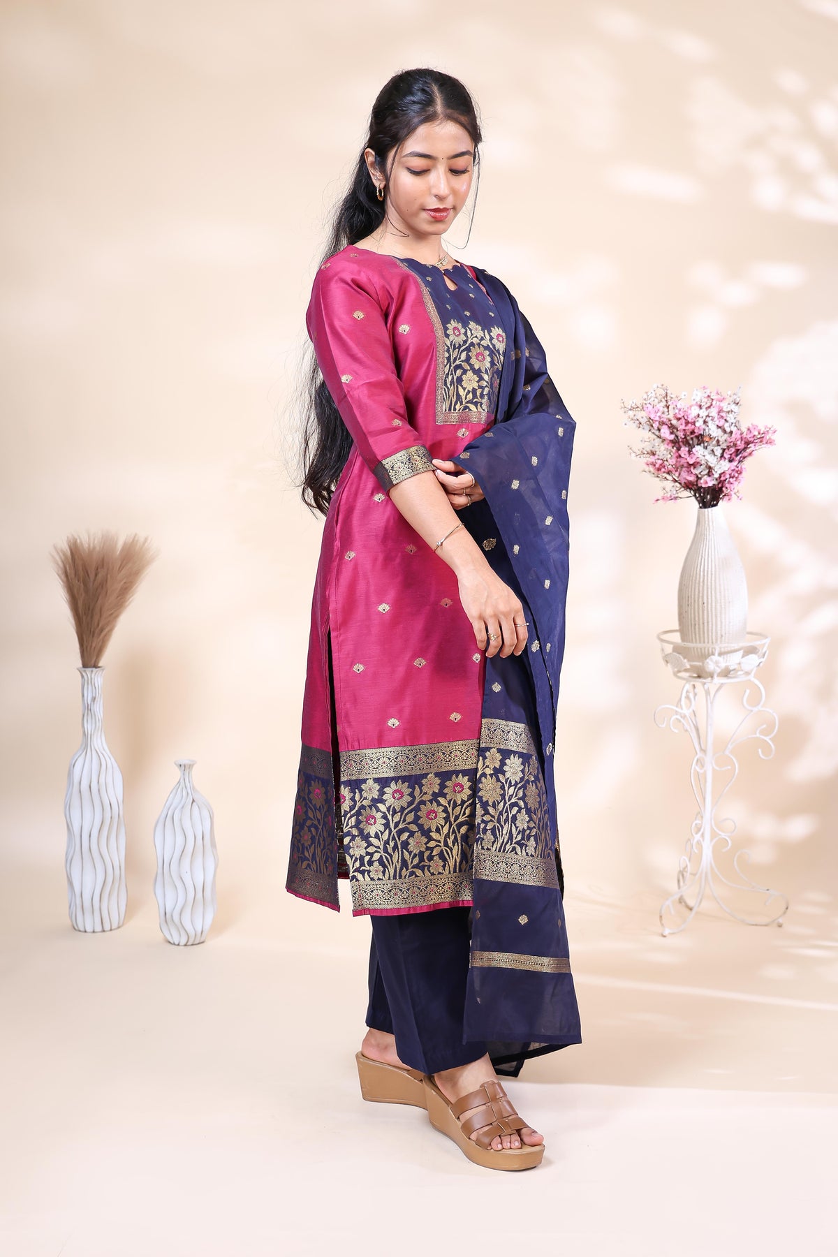 Elegant Magenta & Navy Blue Woven Zyra silk dyed suit Straight Kurta Set with Dupatta