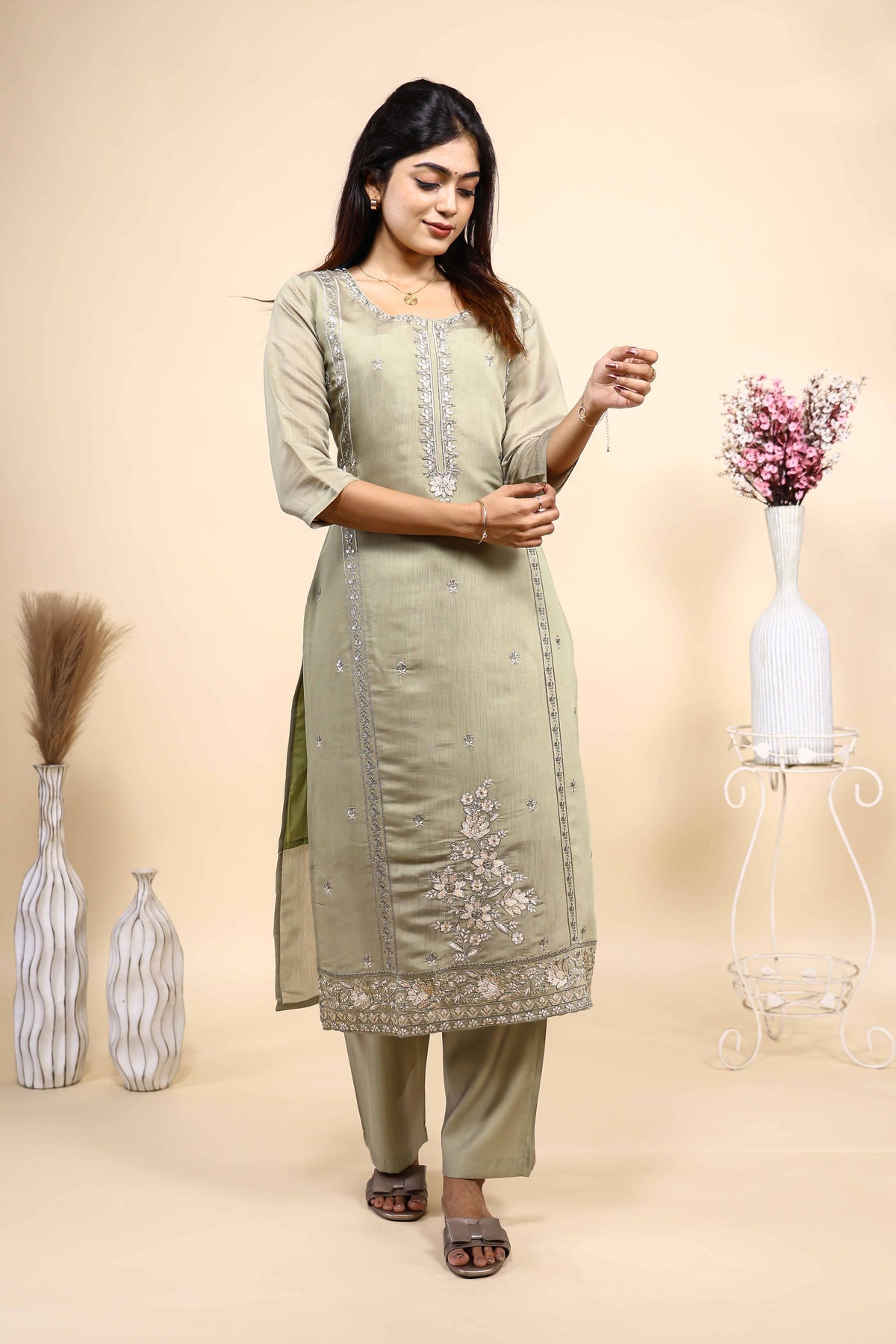 Elegant Sage Green Embroidered Kurta Set with Dupatta