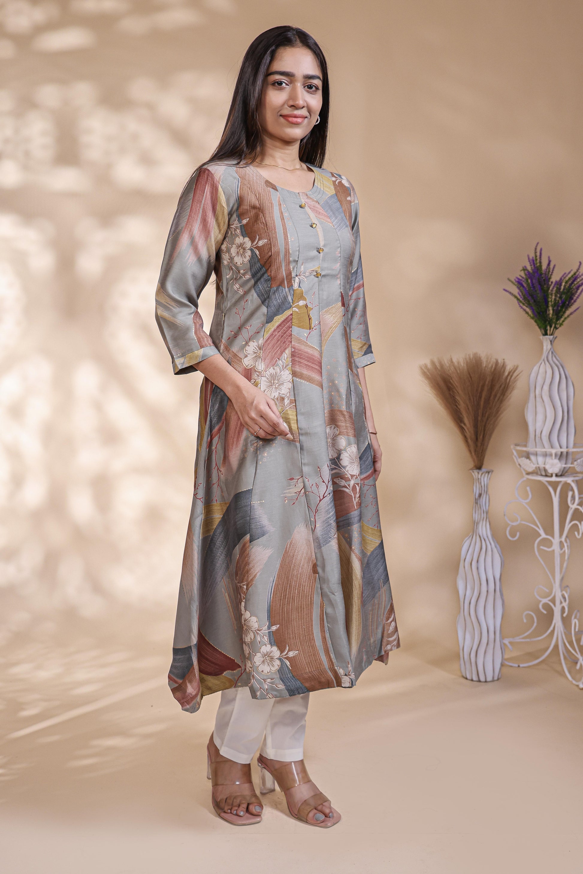 Grey Abstract Printed Silk Blend A-Line Kurta umbrella top