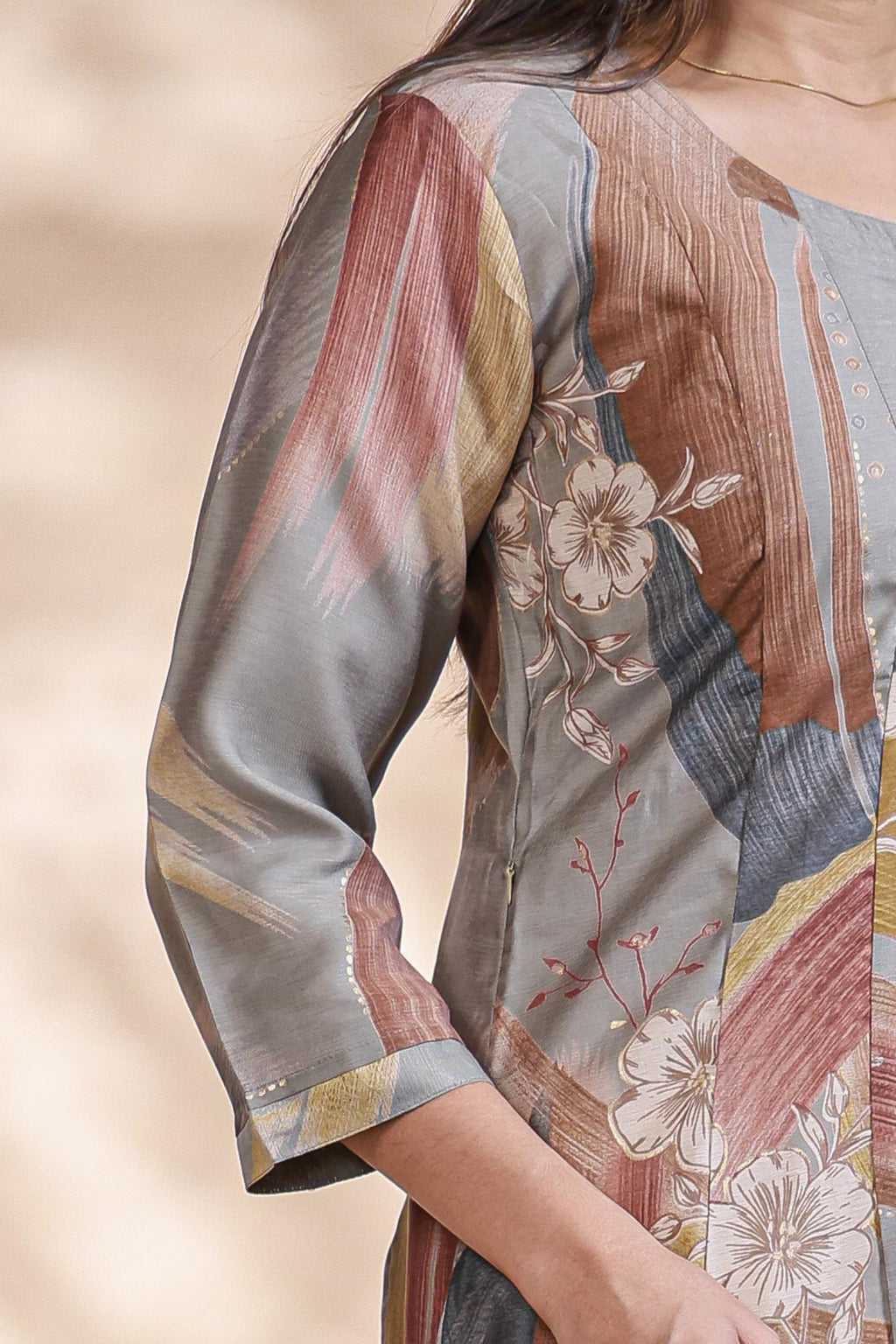 Grey Abstract Printed Silk Blend A-Line Kurta umbrella top