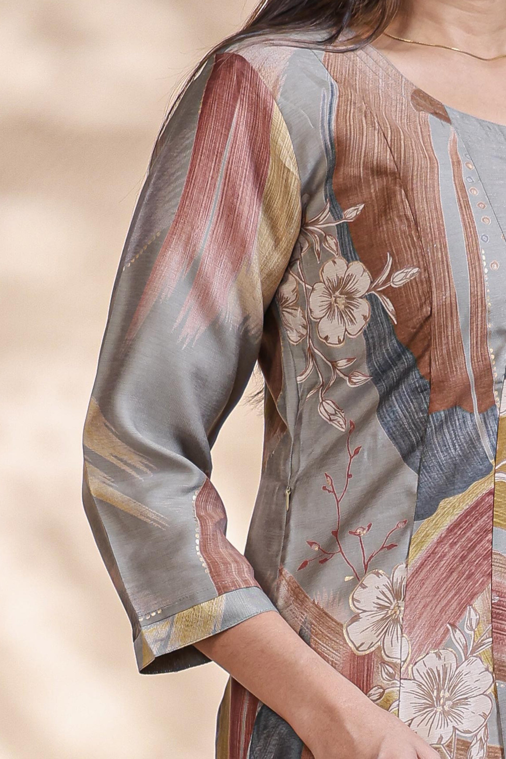 Grey Abstract Printed Silk Blend A-Line Kurta umbrella top