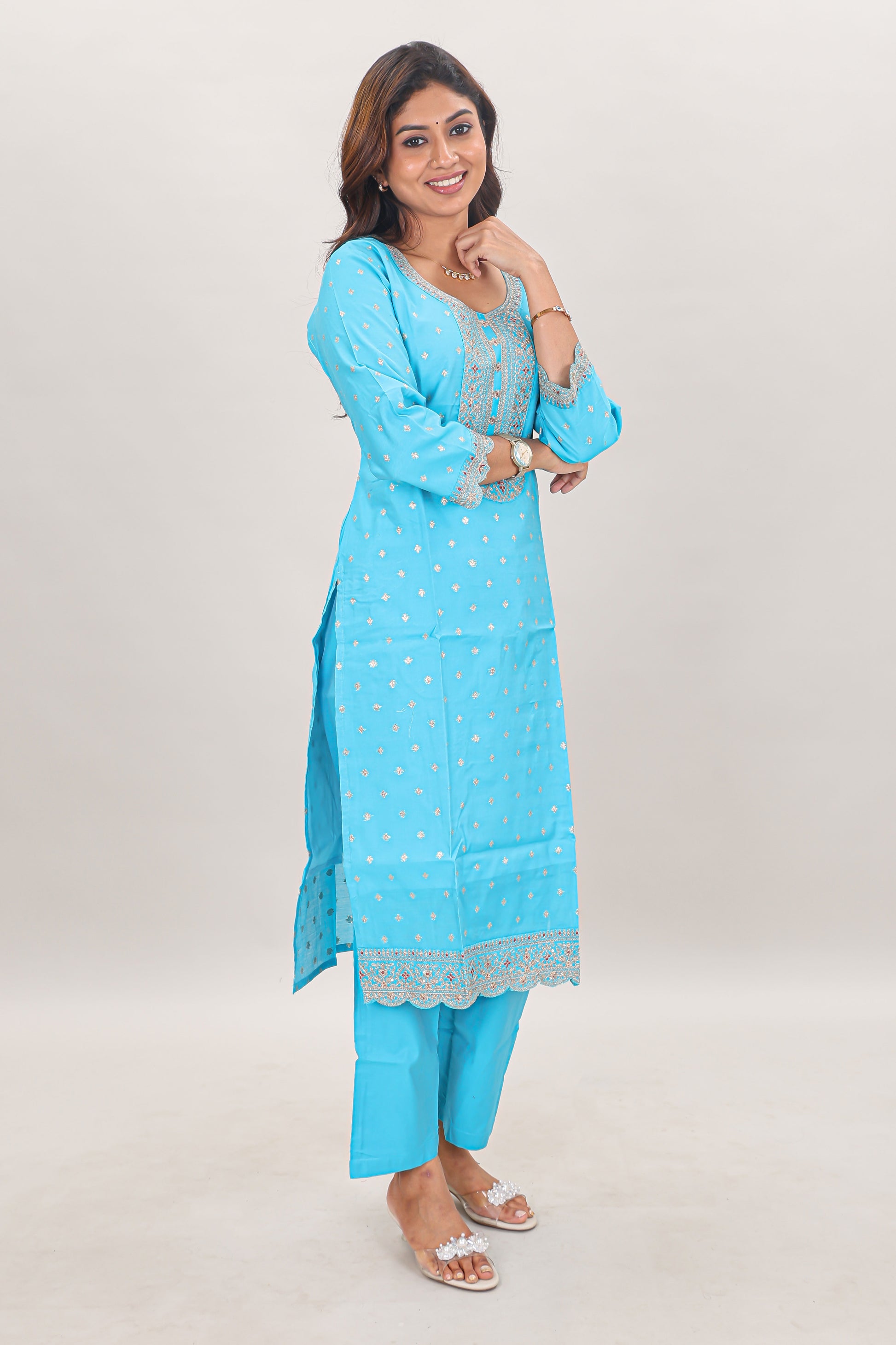 Sky Blue Embroidered Silk Kurta Set with Floral Organza Dupatta