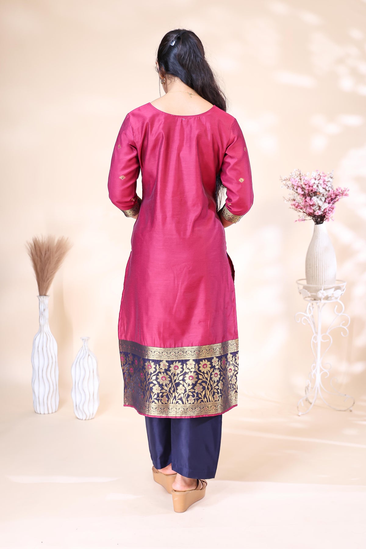 Elegant Magenta & Navy Blue Woven Zyra silk dyed suit Straight Kurta Set with Dupatta